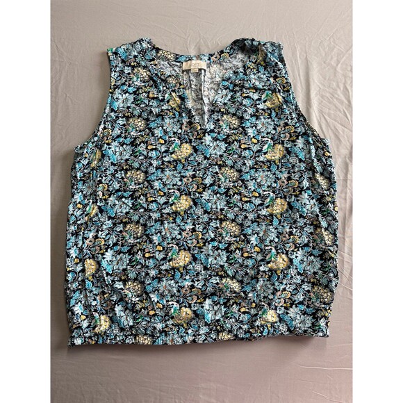 LOFT Tops - Loft Outlet Blue Floral Print Scrunch Waist Vneck Tank Blouse size large